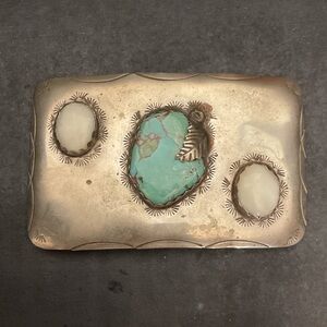 Silver Toned Belt Buckle with Turquoise and White Mother of Pearl